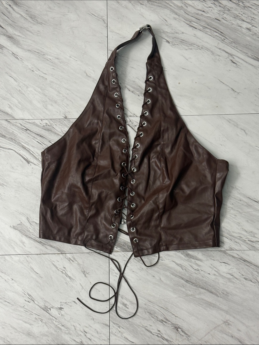 Fashion Nova Brown Lace-Up Halter Faux Leather Top
